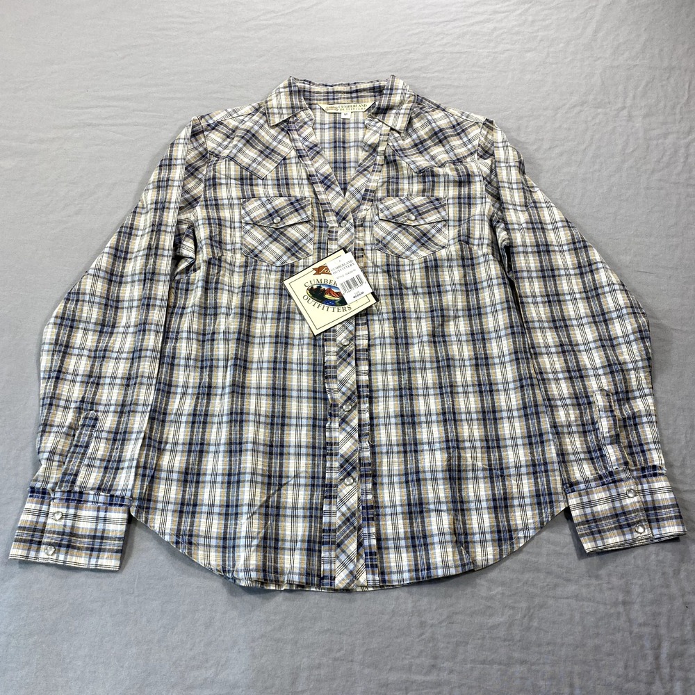 NEW Cumberland Outfitters Shirt Womens‎ Medium Plaid Pearl Snap V-Neck Western
